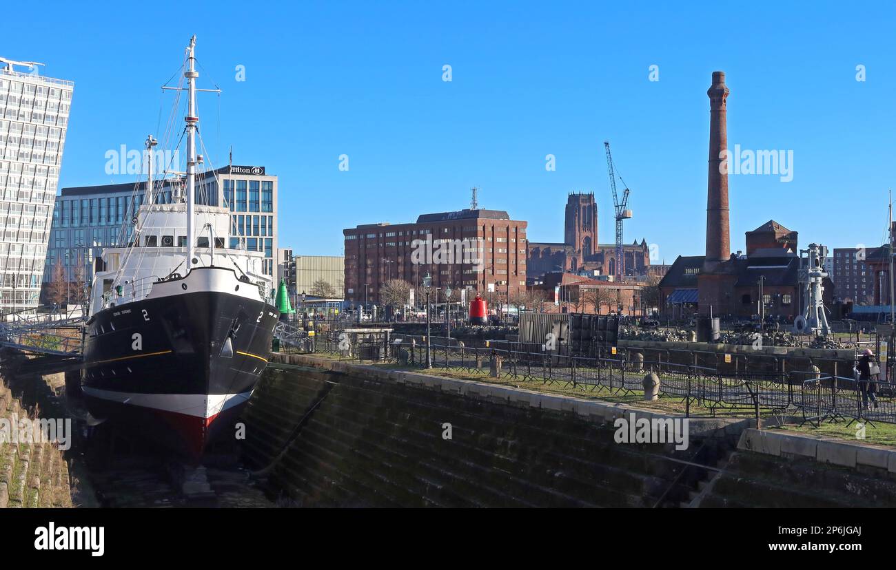 Dry Dock , Liverpool Pilot & city skyline, Merseyside, England, UK, L3 4AD Stock Photo