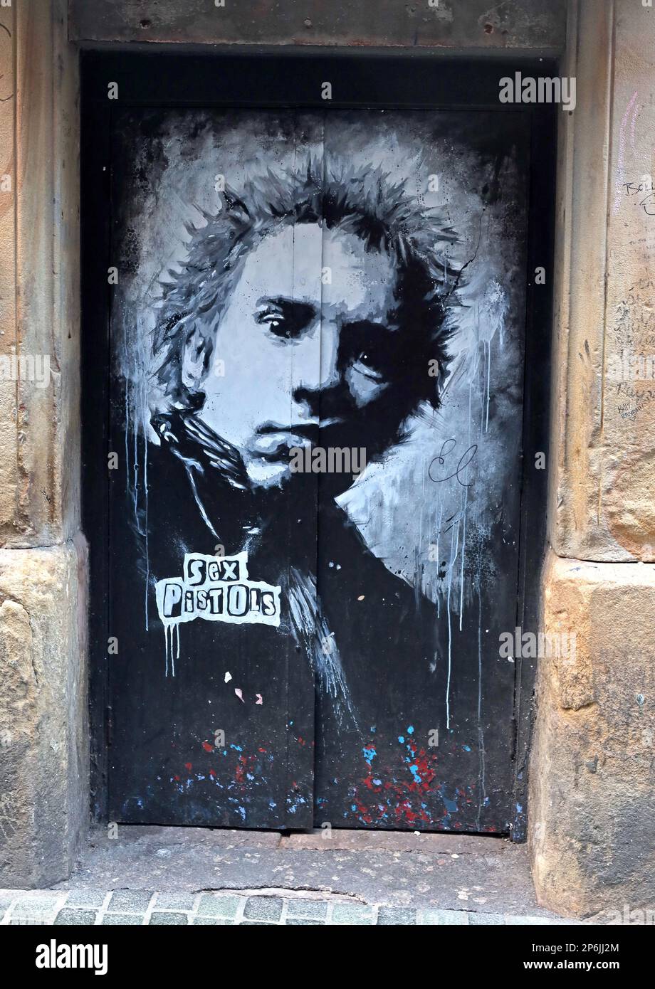 Johnny Rotten, John Lydon, Sex Pistols art, outside Erics live, in Mathew Street, Liverpool, Merseyside, England, UK, L2 6RE Stock Photo