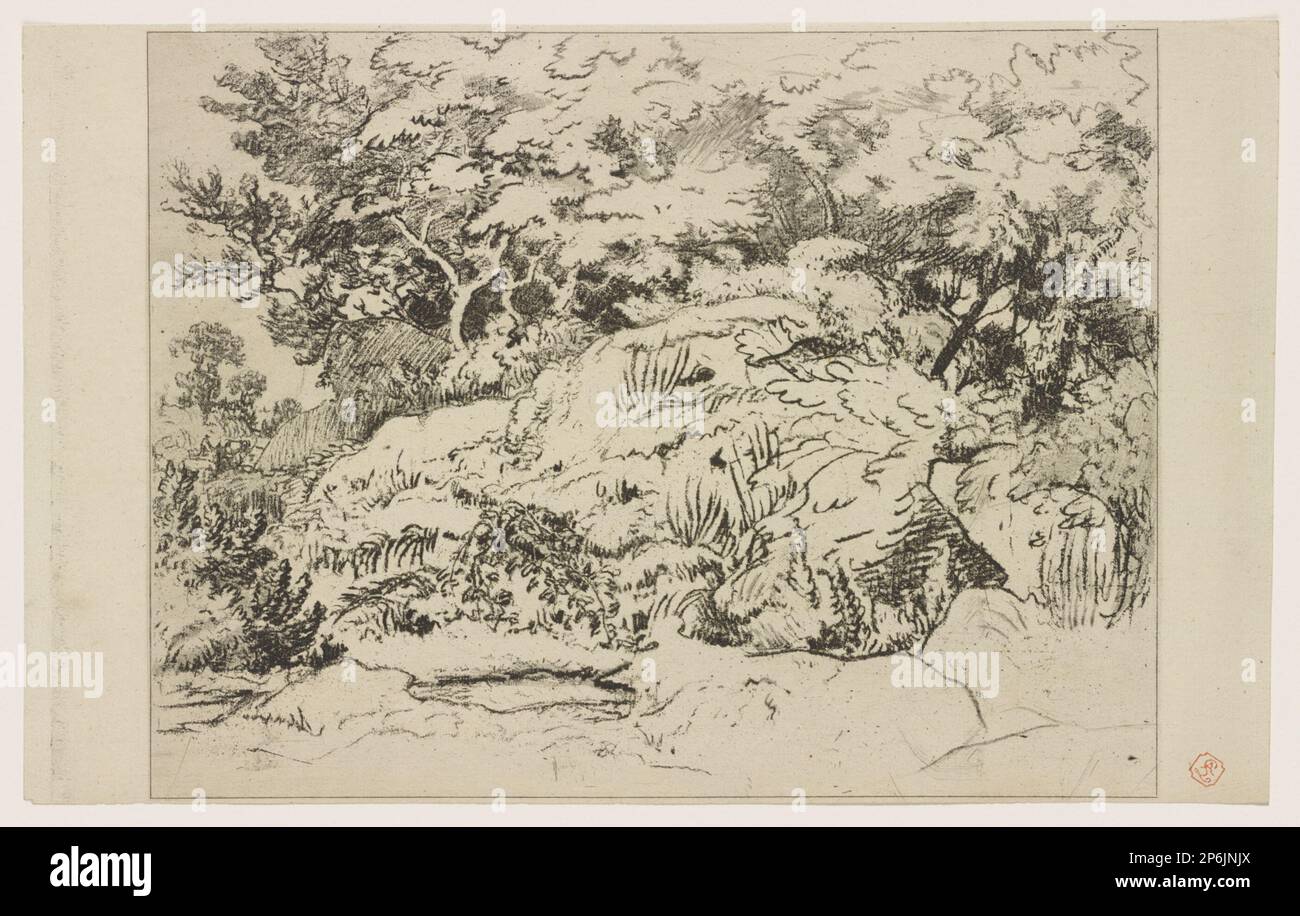 After Théodore Rousseau, Landscape Detail, heliogravure on cream laid paper. Stock Photo
