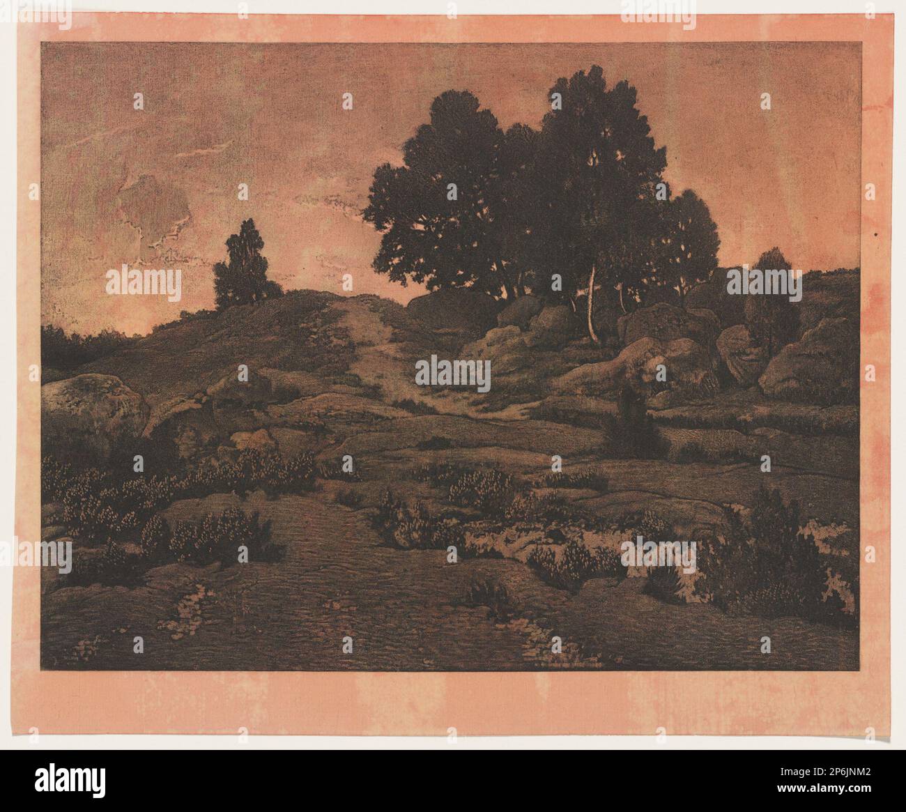 After Théodore Rousseau, Landscape with Trees, heliogravure on pink wove paper. Stock Photo