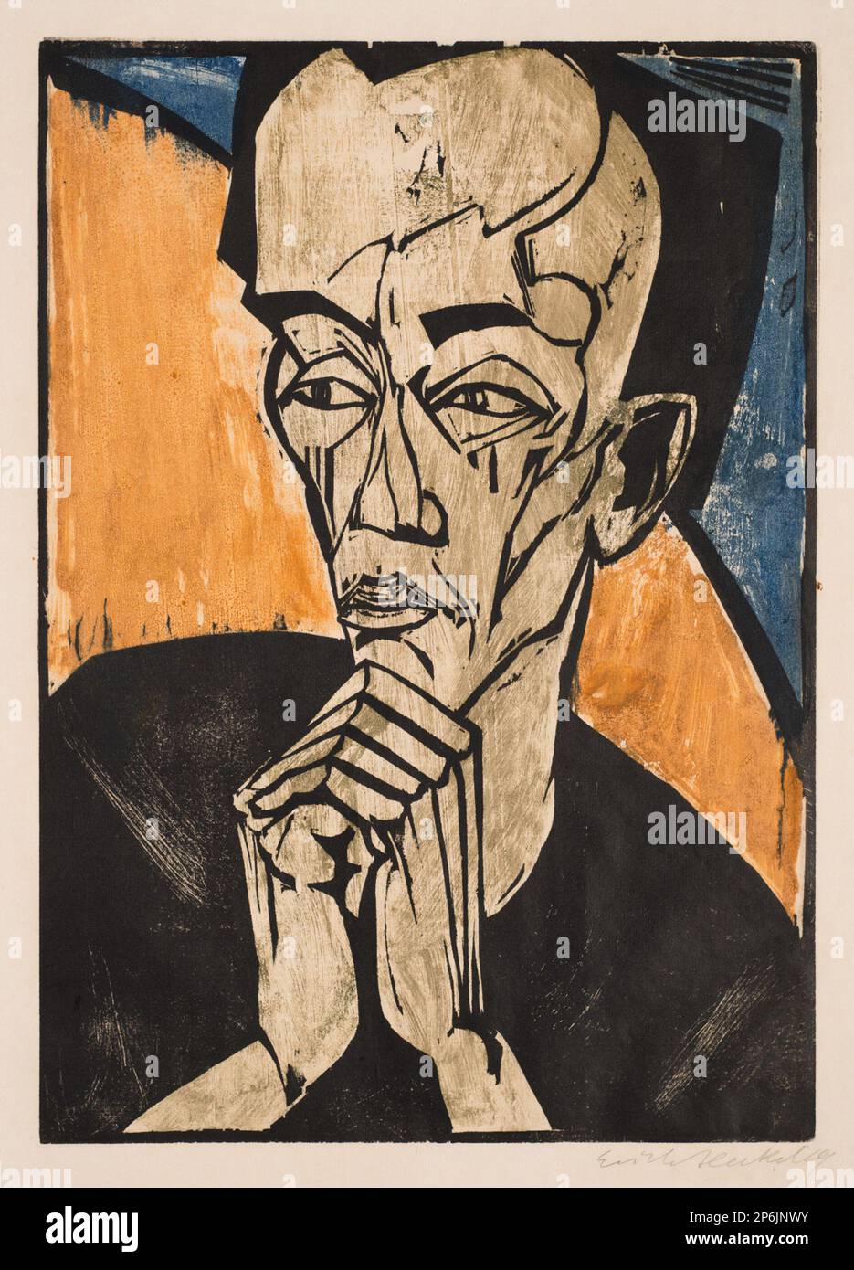 Erich Heckel, Portrait of a Man, 1918, Color woodcut, over zincograph, in green, blue, ochre and black on paper. Stock Photo