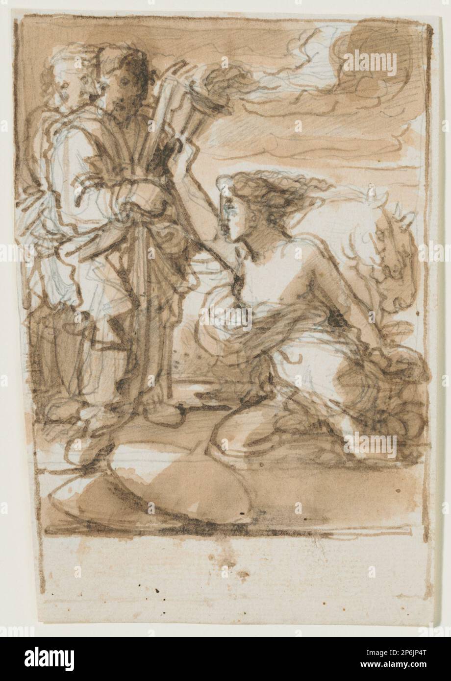 Fortunato Duranti, Figure Carrying a Torch and Other Figures and Horses, 1797-1863, pen and brown-gray ink over graphite on paper. Stock Photo