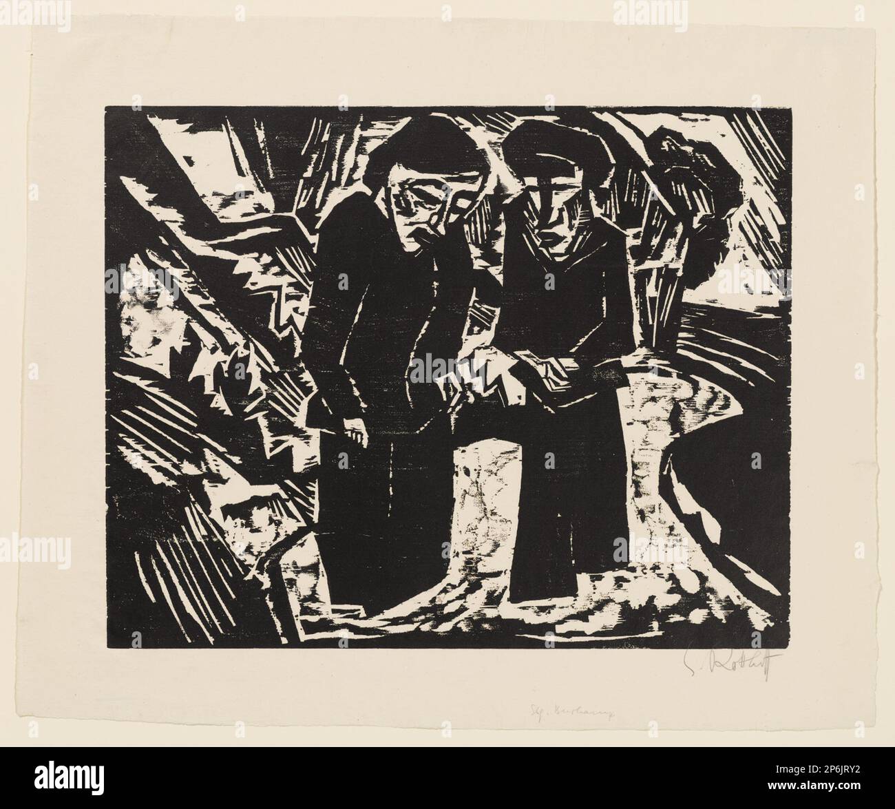 Karl Schmidt-Rottluff, Mourners on the Beach, 1914, woodcut on ivory laid paper. Stock Photo