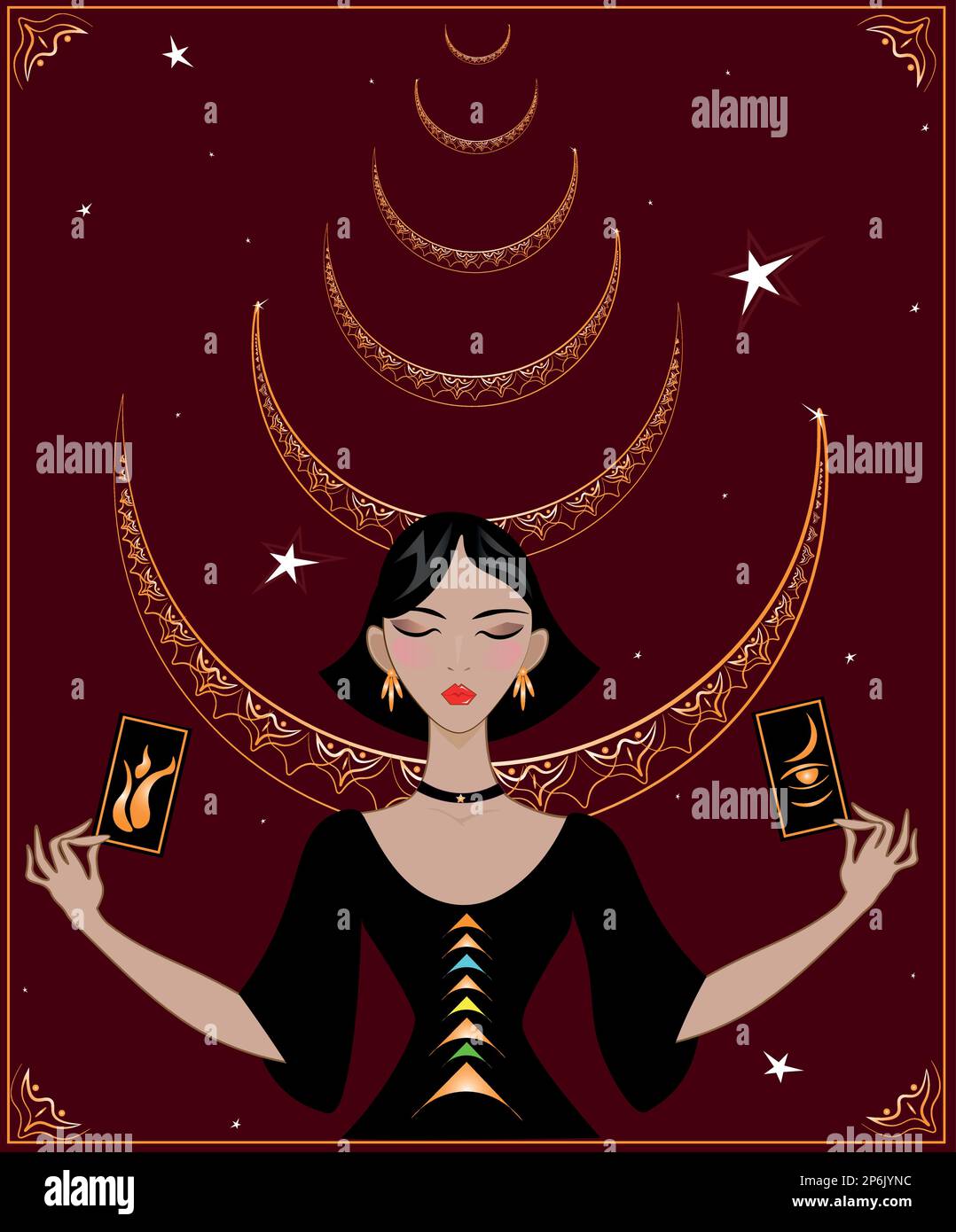 A beautiful elegant lady future teller in luxurious velvet holds tarot cards. Tarot divination. Stock Vector