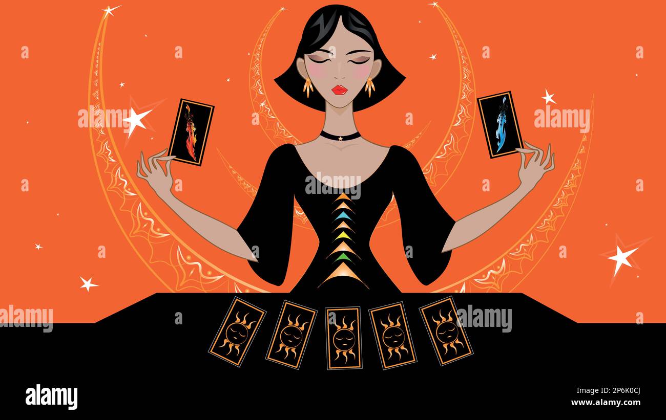 A beautiful lady future teller in an elegant black dress does a tarot reading of the future, past and present. Stock Vector