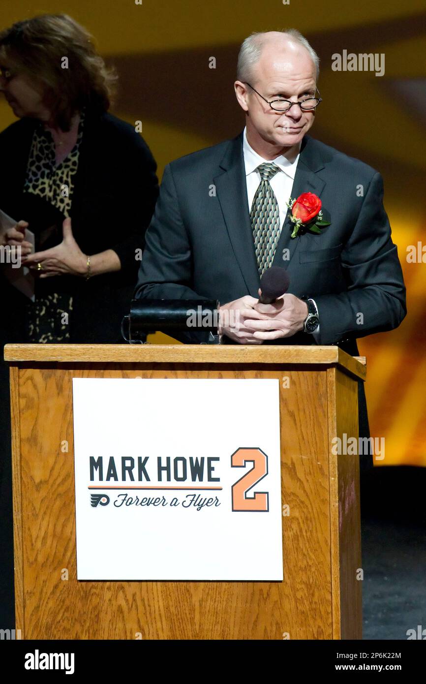 March 6, 2012: Gordie Howe comes out to celebrate his son, Mark Howe(not  pictured), number being retired by the Philadelphia Flyers prior to the NHL  game between the Detroit Red Wings and