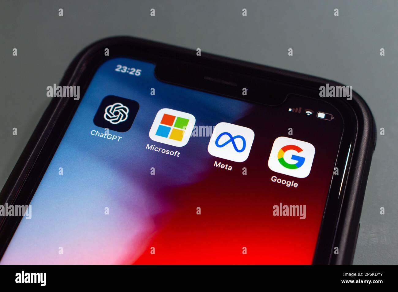 ChatGPT, Microsoft, Meta Platforms and Google icons seen in an iPhone screen. Artificial intelligence chatbot technology and Big Tech conceptual image Stock Photo