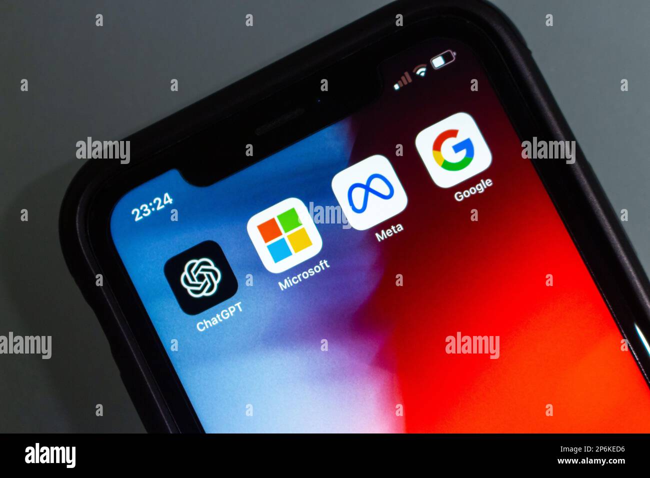 ChatGPT, Microsoft, Meta Platforms and Google icons seen in an iPhone screen. Artificial intelligence chatbot technology and Big Tech conceptual image Stock Photo