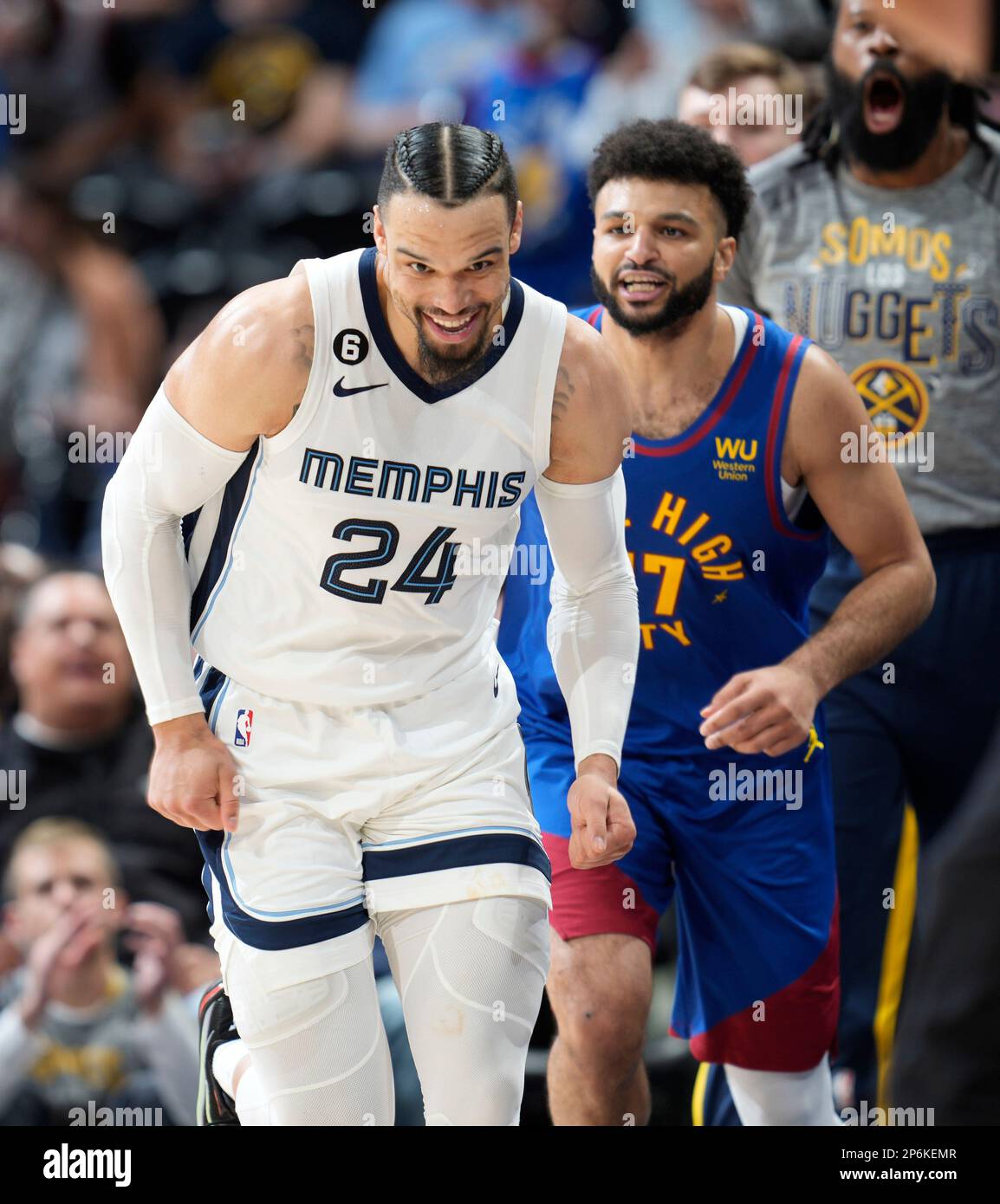 Memphis Grizzlies forward Dillon Brooks (24) and Denver Nuggets guard Jamal Murray (27) in the