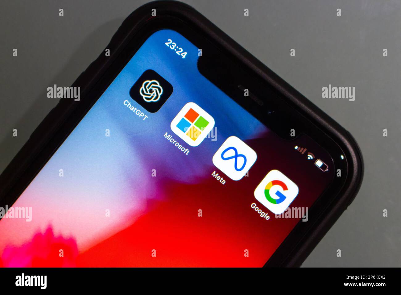 ChatGPT, Microsoft, Meta Platforms and Google icons seen in an iPhone screen. Artificial intelligence chatbot technology and Big Tech conceptual image Stock Photo