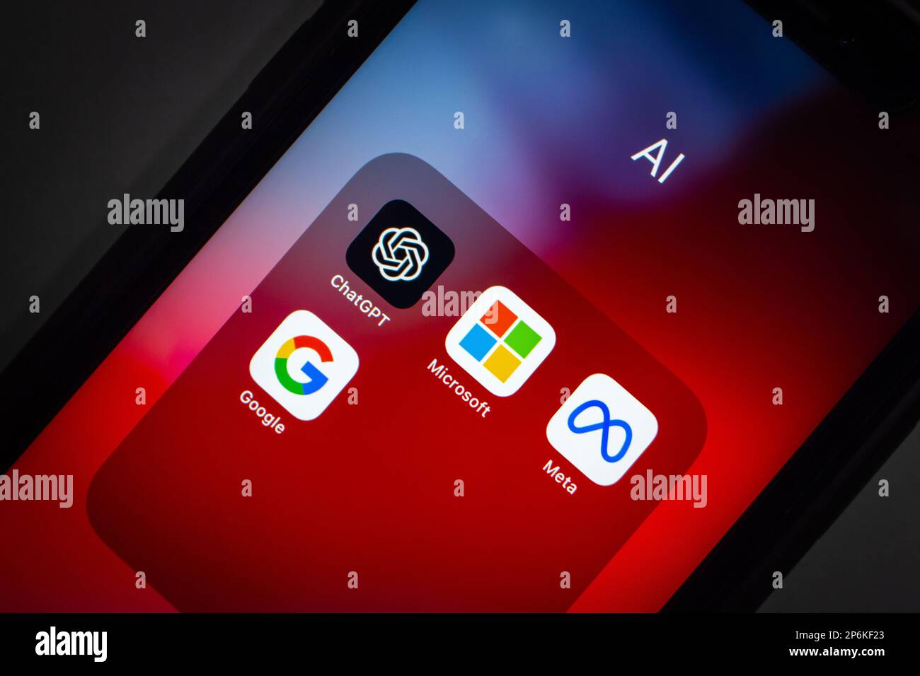 ChatGPT, Microsoft, Meta Platforms and Google icons seen in an iPhone screen. Artificial intelligence chatbot technology and Big Tech conceptual image Stock Photo