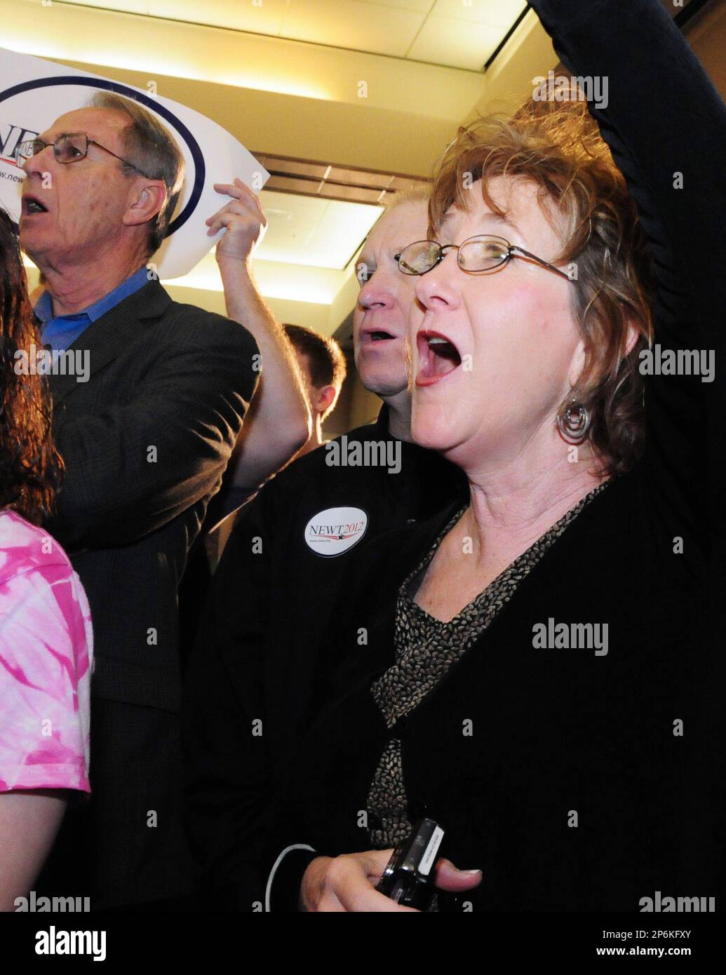 Carol Grohn, of Chattanooga, Tenn., cheers on Republican presidential  candidate Newt Gingrich at the Northwest Trade and Convention Center in  Dalton, Ga., Tuesday, Feb. 28, 2012. (AP Photo/The Daily Citizen, Misty  Watson)