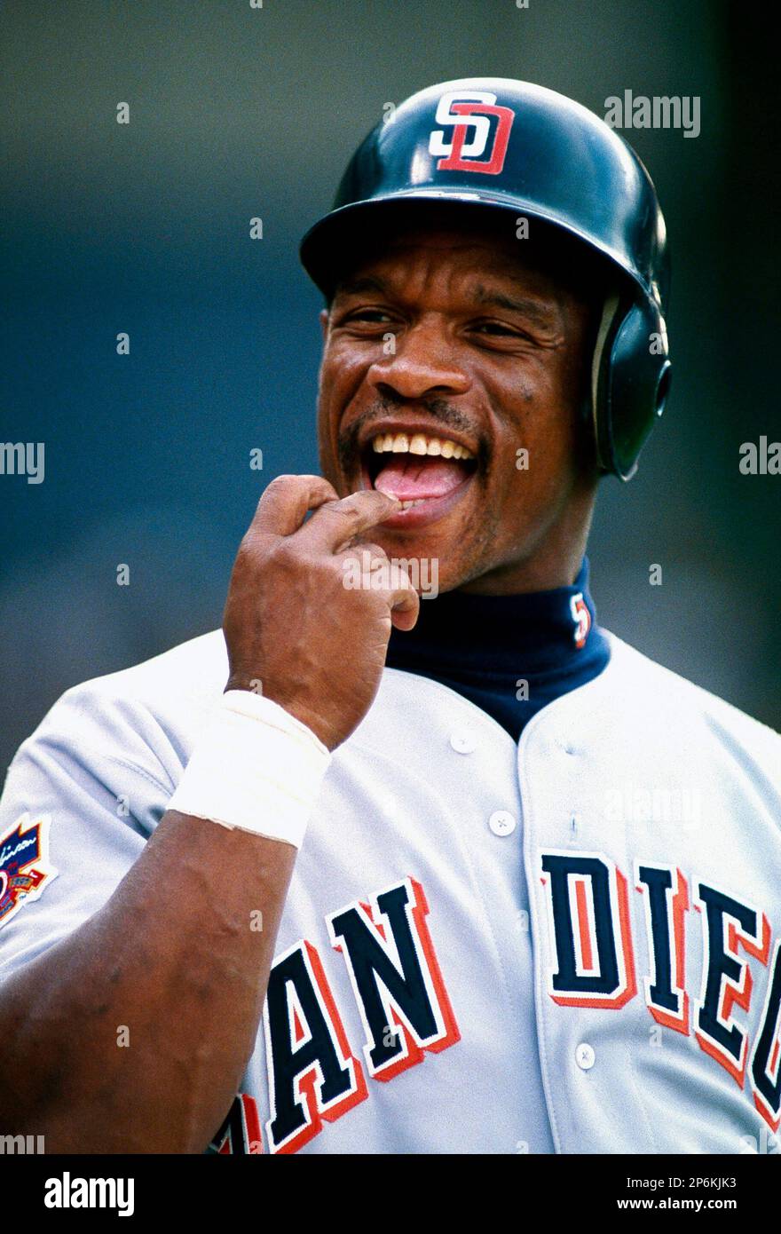 Rickey Henderson of the Boston Red Sox before a 2002 MLB season game  against the San Diego Padres at Qualcomm Stadium, in San Diego, California.  (Larry Goren/Four Seam Images via AP Images