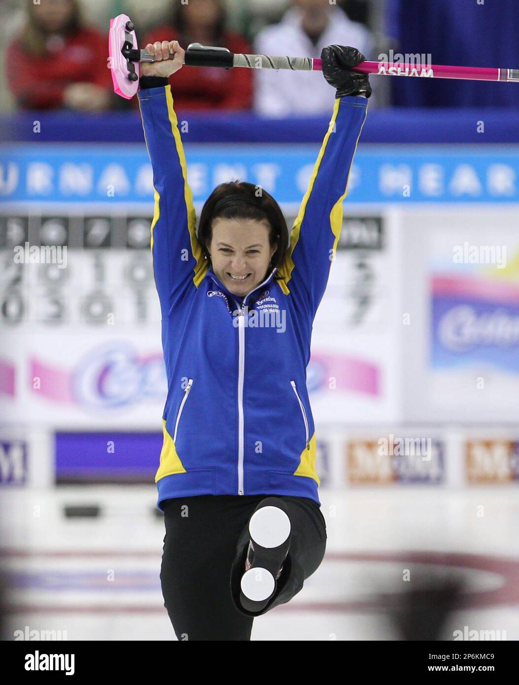 Alberta skip Heather Nedohin celebrates her curling team's goldmedal win over British Columbia