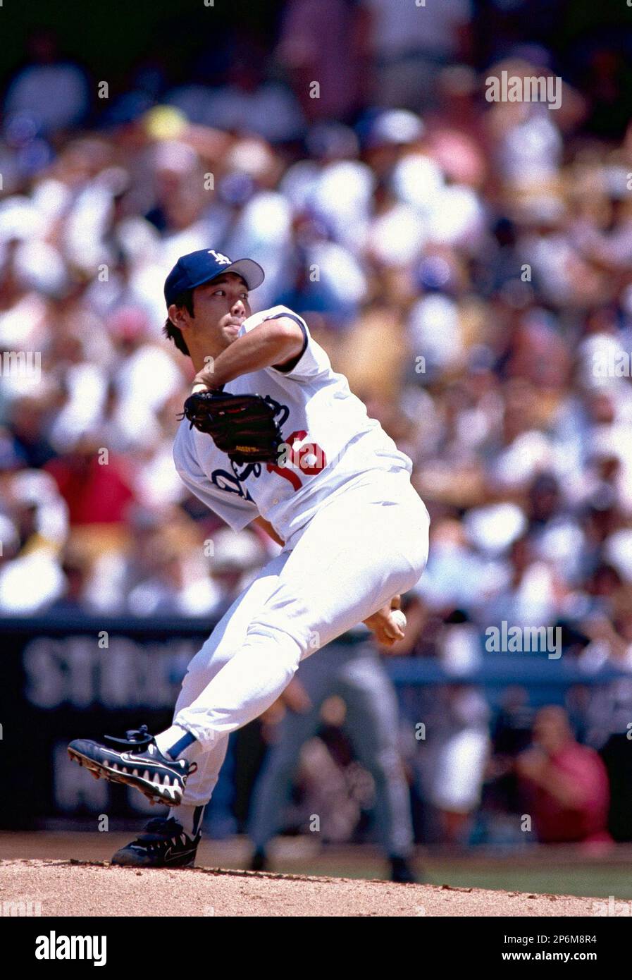 Hideo Nomo of the Los Angeles Dodgers during a game at Dodger