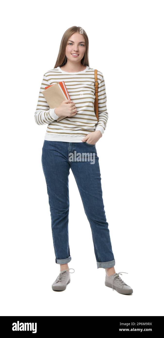 Teenage student with backpack and books on white background Stock Photo ...