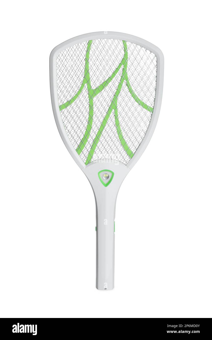 Modern electric fly swatter isolated on white. Insect killer Stock Photo