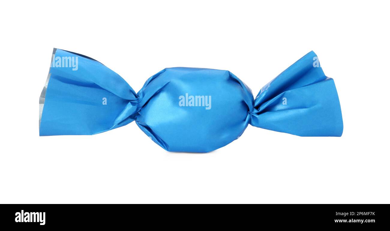 Delicious candy in light blue wrapper isolated on white Stock Photo Alamy