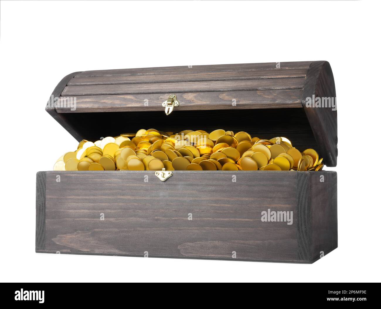 Open treasure chest with gold coins isolated on white Stock Photo