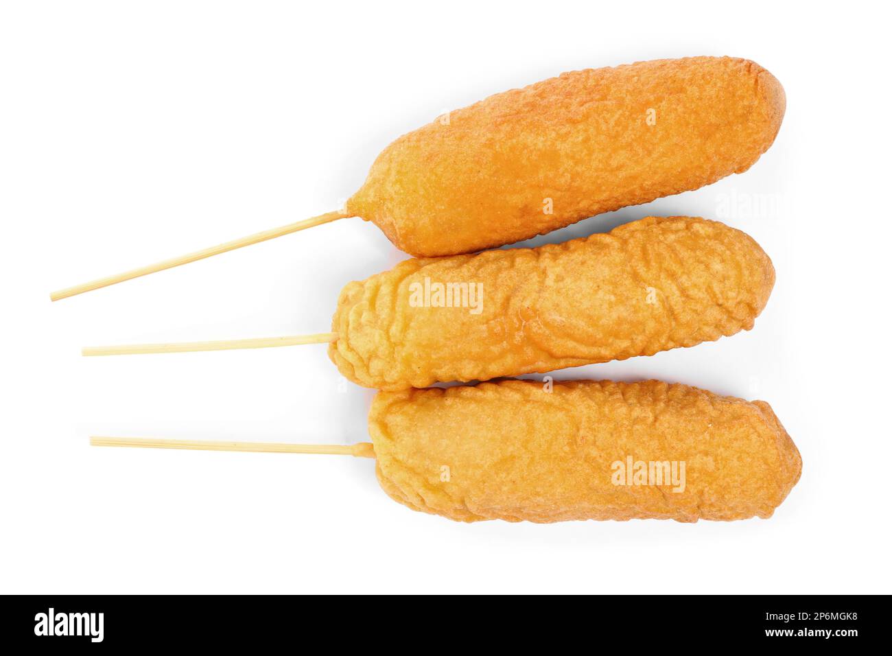 Delicious deep fried corn dogs isolated on white, top view Stock Photo