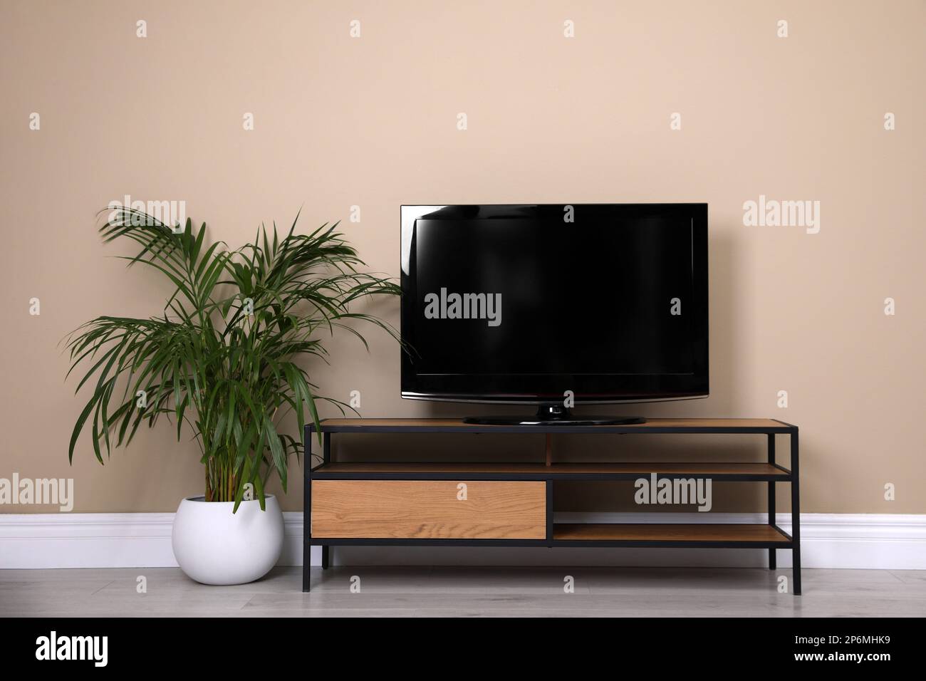 Modern TV cabinet with blank screen and houseplant near beige wall Stock Photo