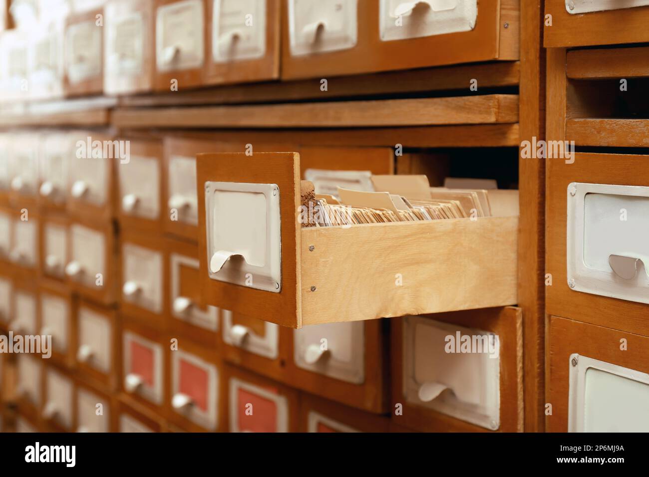 Closeup view of library card catalog drawers Stock Photo Alamy