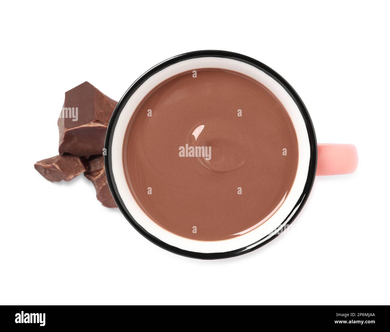 Yummy hot chocolate in mug on white background, top view Stock Photo