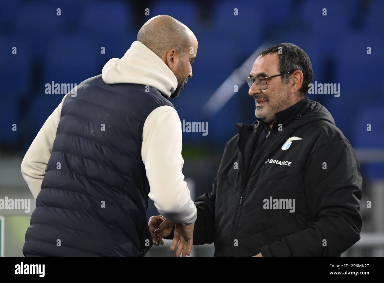 Rome, Italy. 07th Mar, 2023. Pascal Jansen of AZ Alkmaar and Maurizio Sarri of S.S. LAZIO during the first leg of the round of 16 of the UEFA Europa Conference League between S.S. Lazio and AZ Alkmaar on March 7, 2023 at the Stadio Olimpico in Rome. Credit: Independent Photo Agency/Alamy Live News Stock Photo