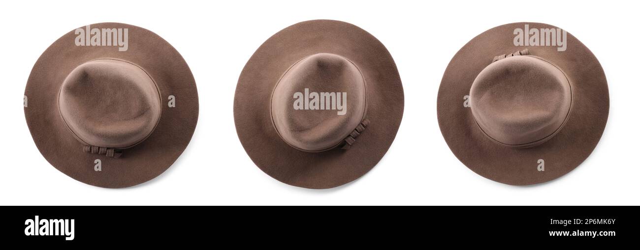 Set with stylish hats on white background, top view. Banner design ...