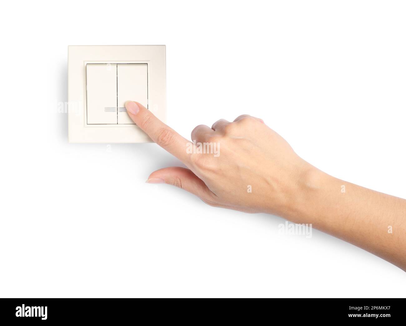 Woman pressing light switch on white background, closeup Stock Photo