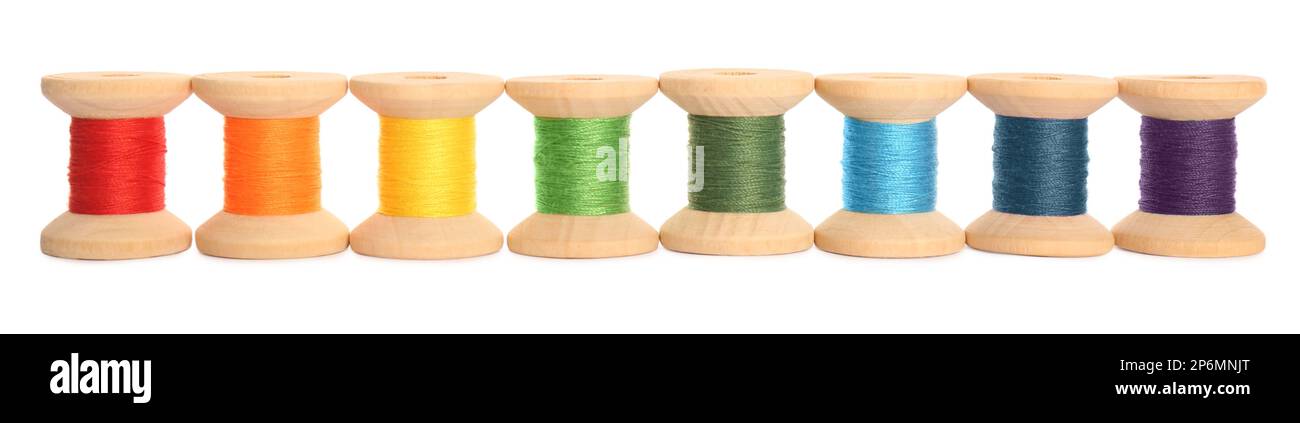 Set of colorful sewing threads on white background Stock Photo - Alamy