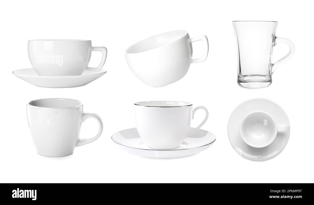 Set with different coffee cups on white background Stock Photo Alamy