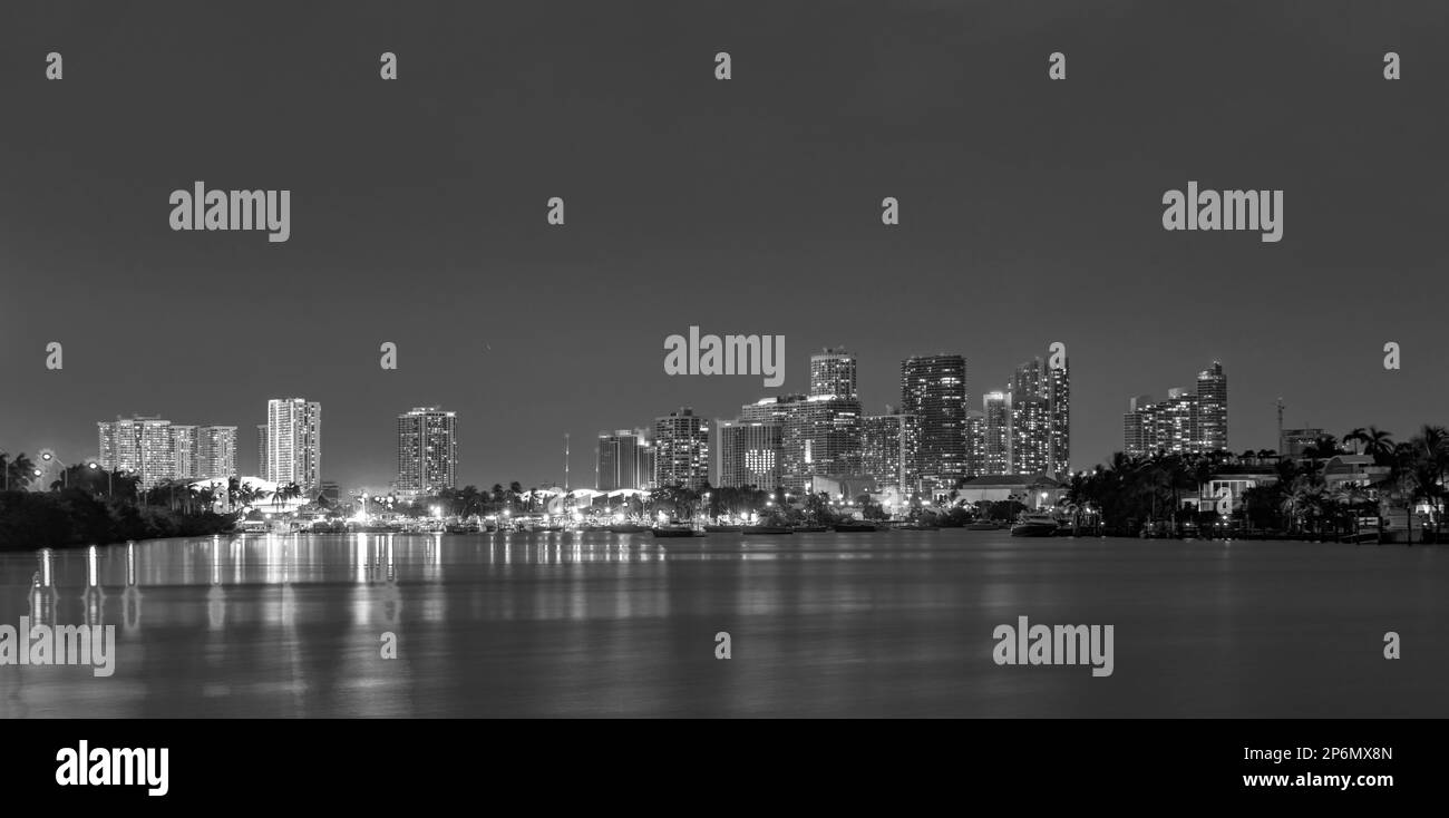 Miami night downtown. Miami skyscrapers at the night, south beach Stock