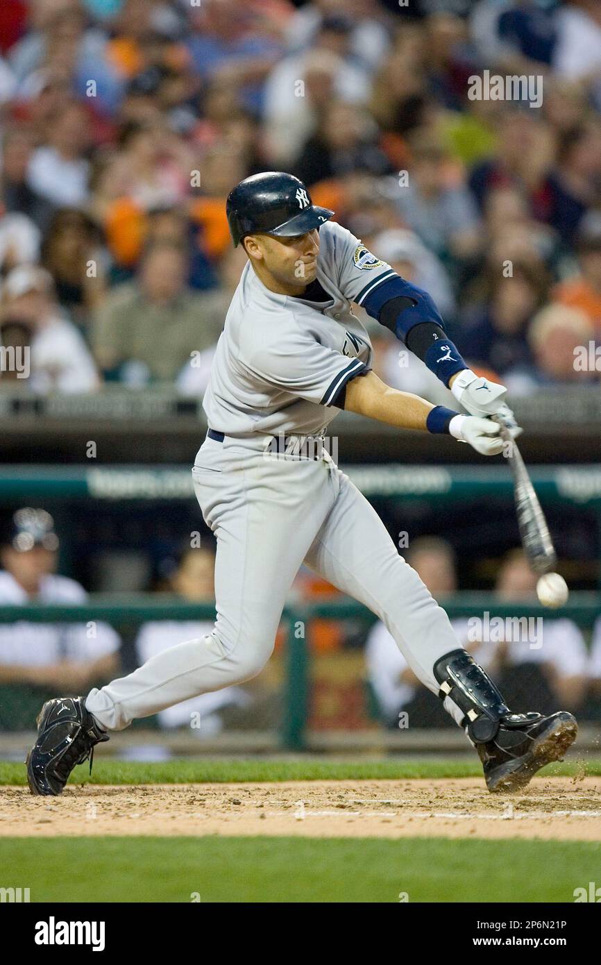 Derek Jeter #2 of the New York Yankees makes contact with the baseball at  Comerica Park April 27, 2009 in Detroit, Michigan. (Brian Westerholt/Four  Seam Images via AP Images Stock Photo - Alamy