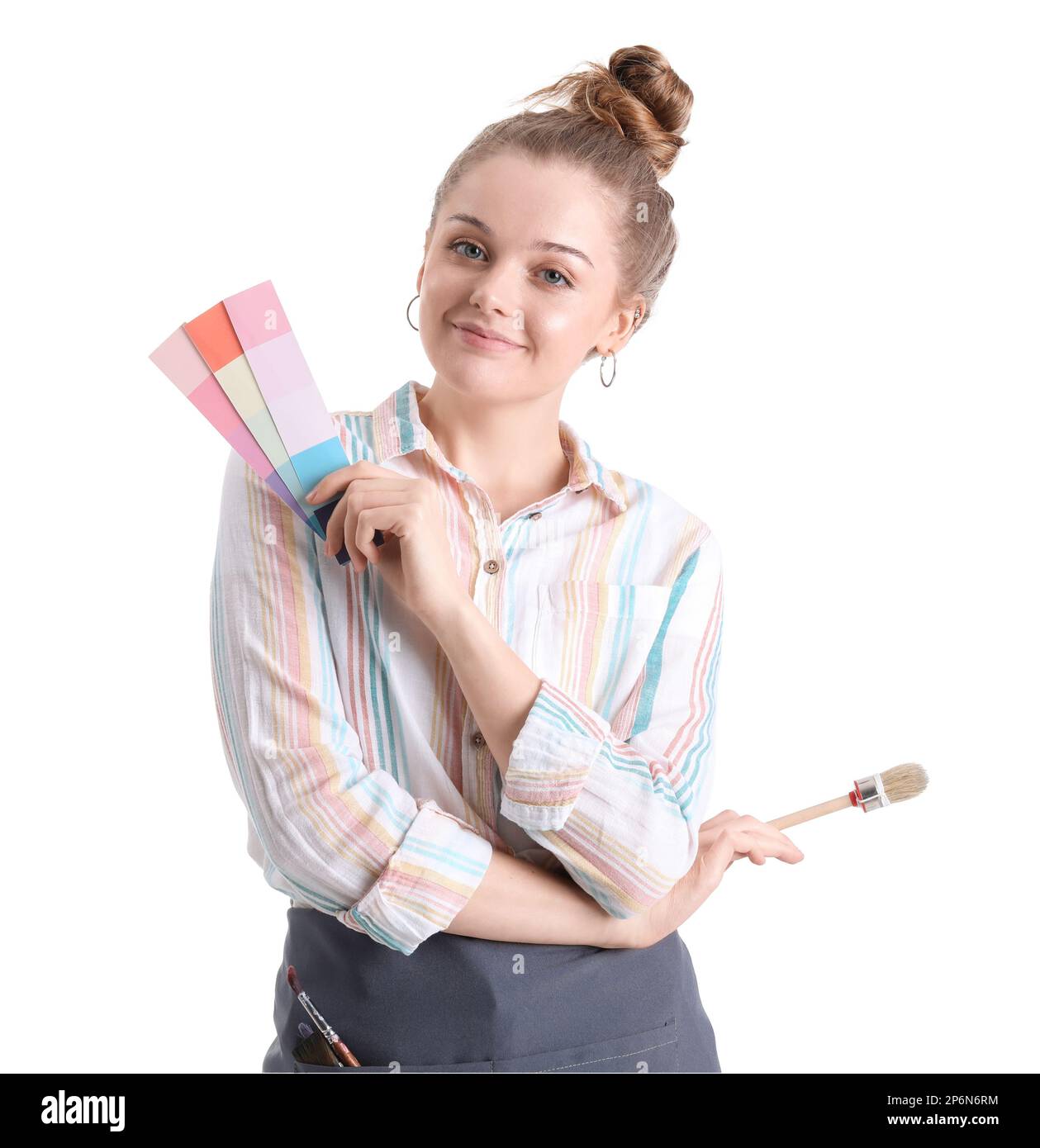 Female artist with paint color palettes and brush on white background ...