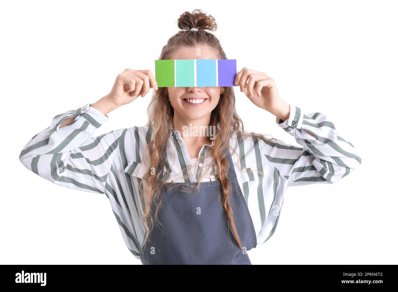 Female artist with paint color palette on white background Stock Photo ...