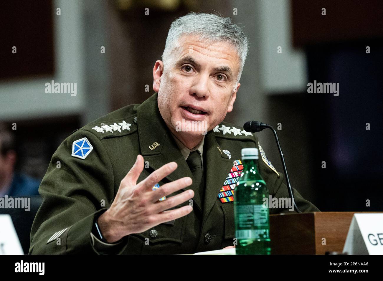 Washington, United States. 07th Mar, 2023. General Paul Nakasone, United States Cyber Command/Director, National Security Agency/Chief, Central Security Service, speaking at a hearing of the Senate Armed Services Committee at the U.S. Capitol Credit: SOPA Images Limited/Alamy Live News Stock Photo