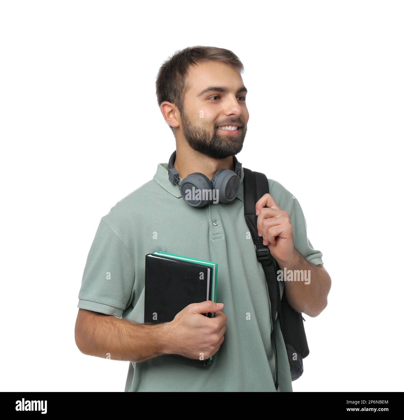 Student with headphones, backpack and books on white background Stock ...