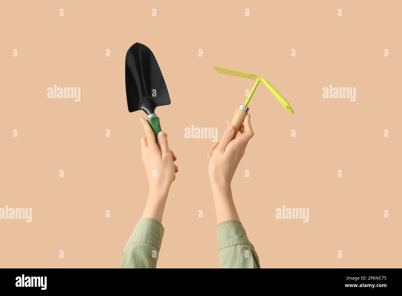 Female gardener with tools on beige background Stock Photo