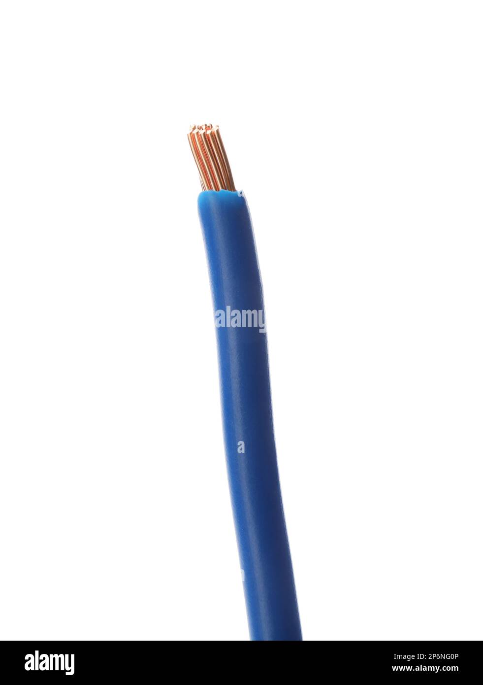 Stripped electrical wire with blue insulation isolated on white Stock