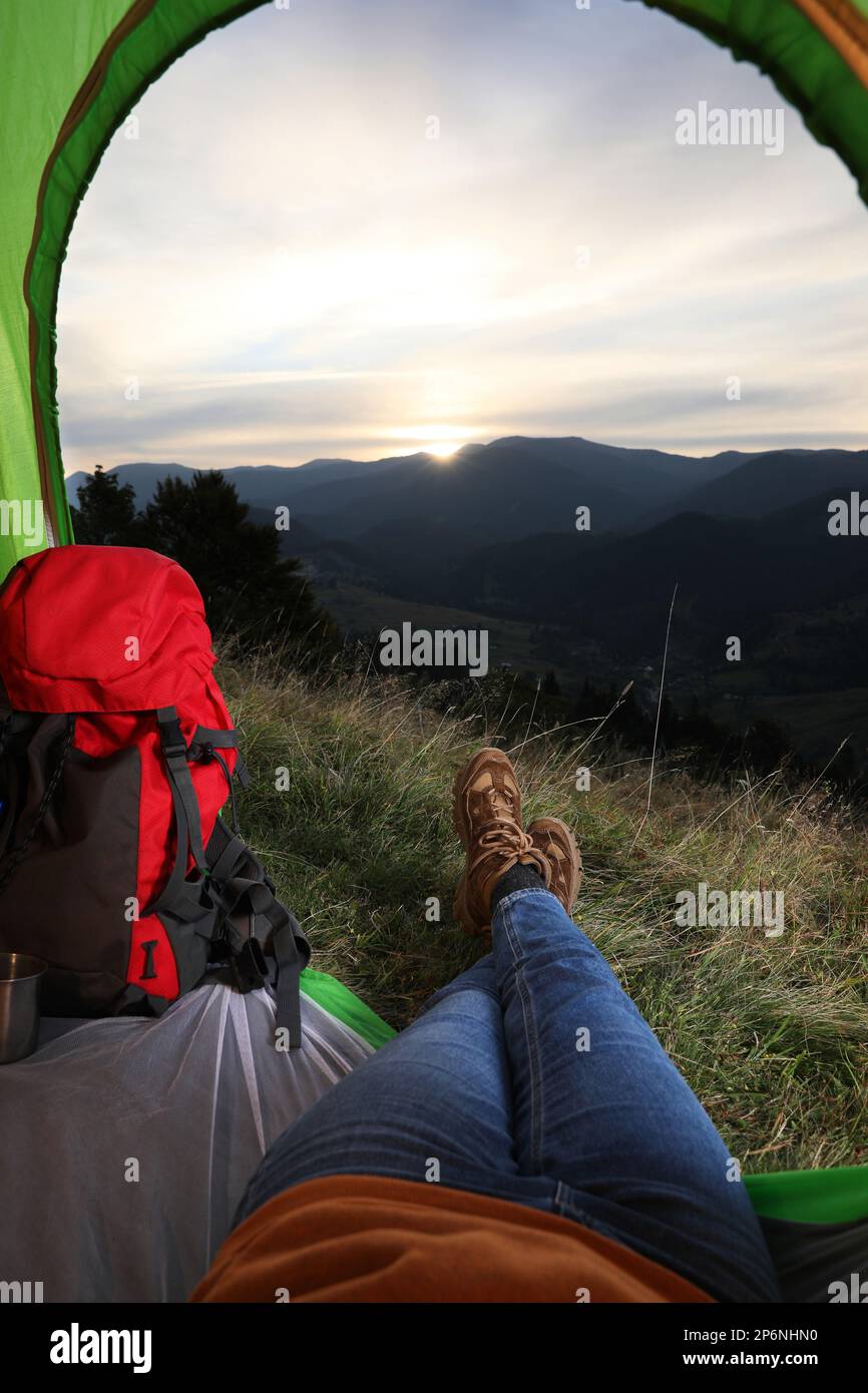 Woman resting inside camping hi-res stock photography and images - Alamy