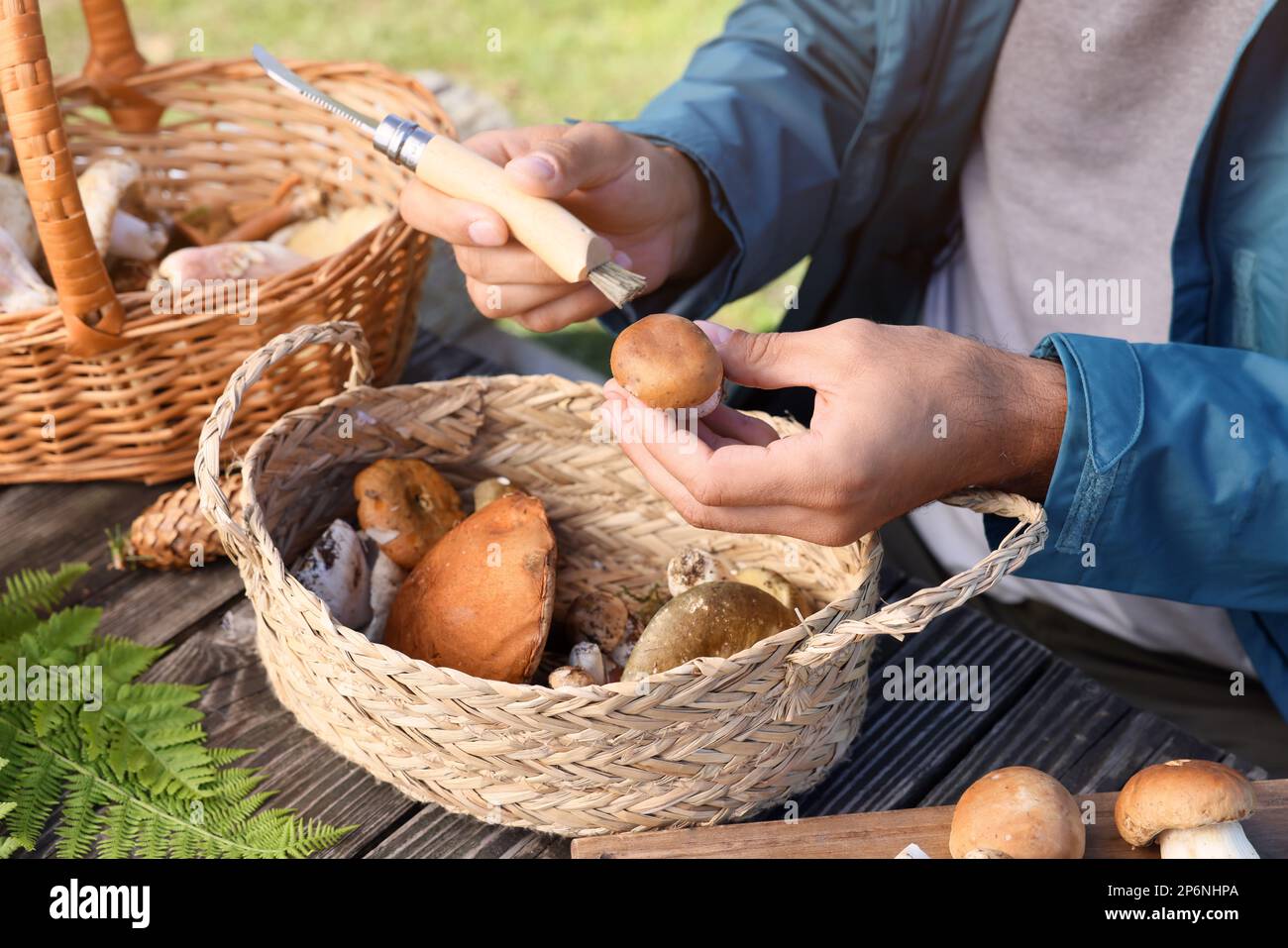 https://c8.alamy.com/comp/2P6NHPA/man-cleaning-mushroom-with-brush-on-knife-at-table-outdoors-closeup-2P6NHPA.jpg