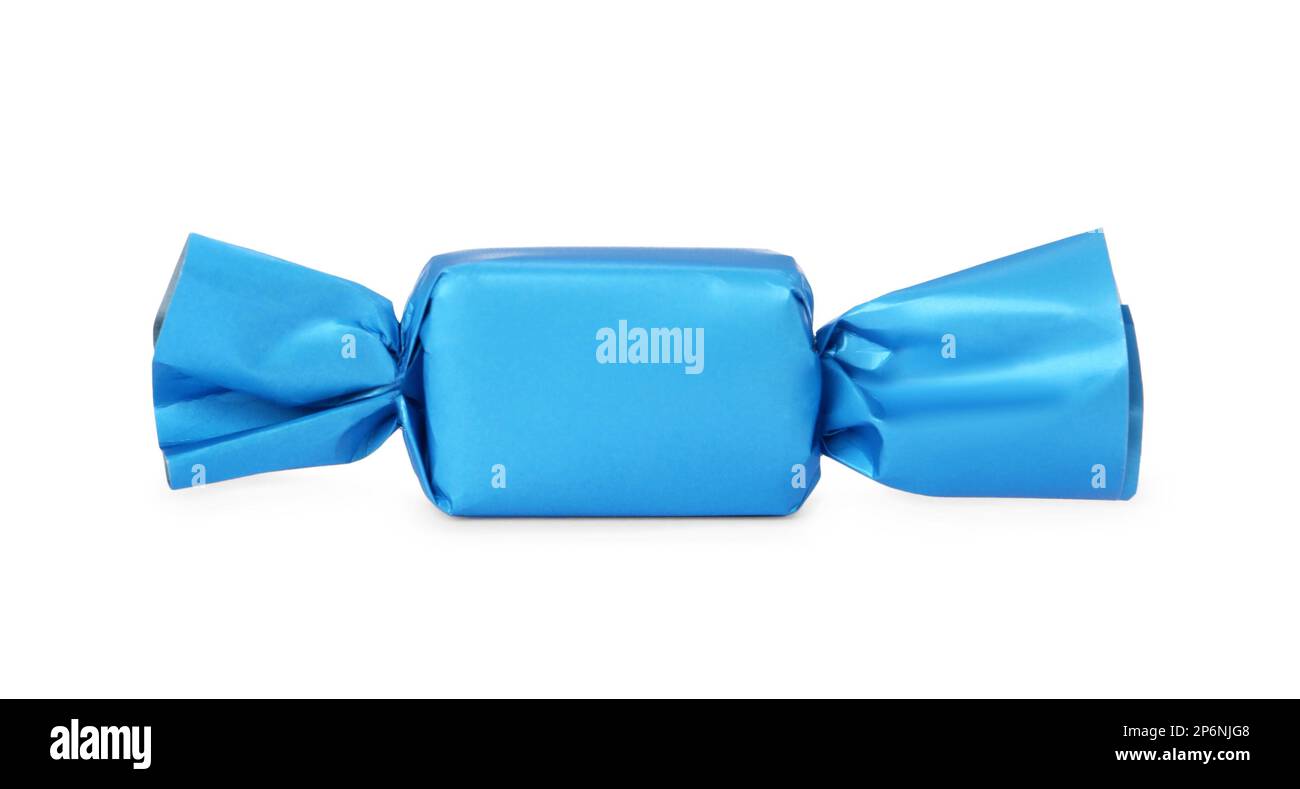 Delicious candy in light blue wrapper isolated on white Stock Photo Alamy