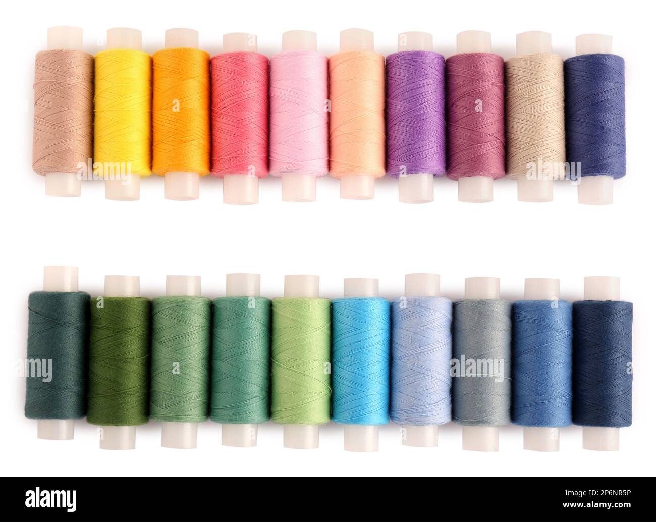 Set of colorful sewing threads on white background, top view Stock ...