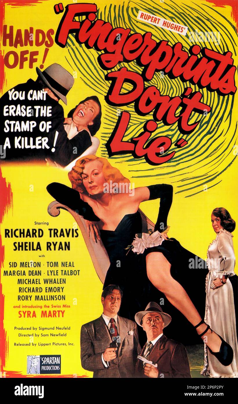 1951 : The FILM NOIR  movie FINGERPRINTS DON'T LIE by Sam Newfield , from a novel by RUPERT HUGHES , with Richard Travis and Sheila Ryan - FILM - CINEMA   - poster pubblicitario - poster - advertising - locandina   - DIVA - DIVINA - DIVINE - VAMP - FEMME FATAL -  ----  Archivio GBB Stock Photo