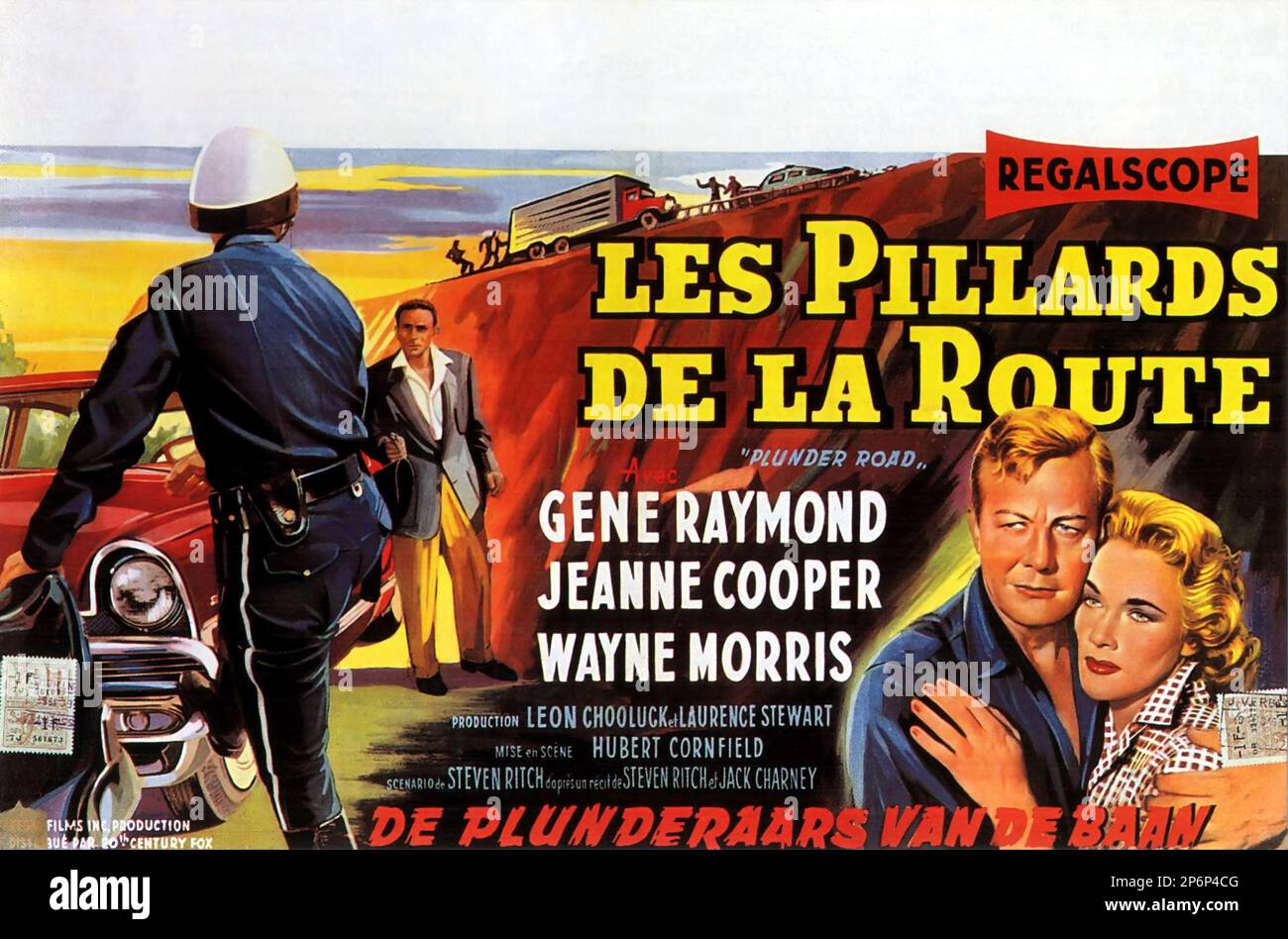 1957 : The FILM NOIR  movie  PLUNDER ROAD  by Hubert Cornfield , with  Gene Raimond , Jeanne Cooper and Wayne Morris, from a novel by Steven Ritch and Jack Charney . Advertising poster from Belgium - FILM - CINEMA   - poster pubblicitario - poster - advertising - locandina   ----  Archivio GBB Stock Photo