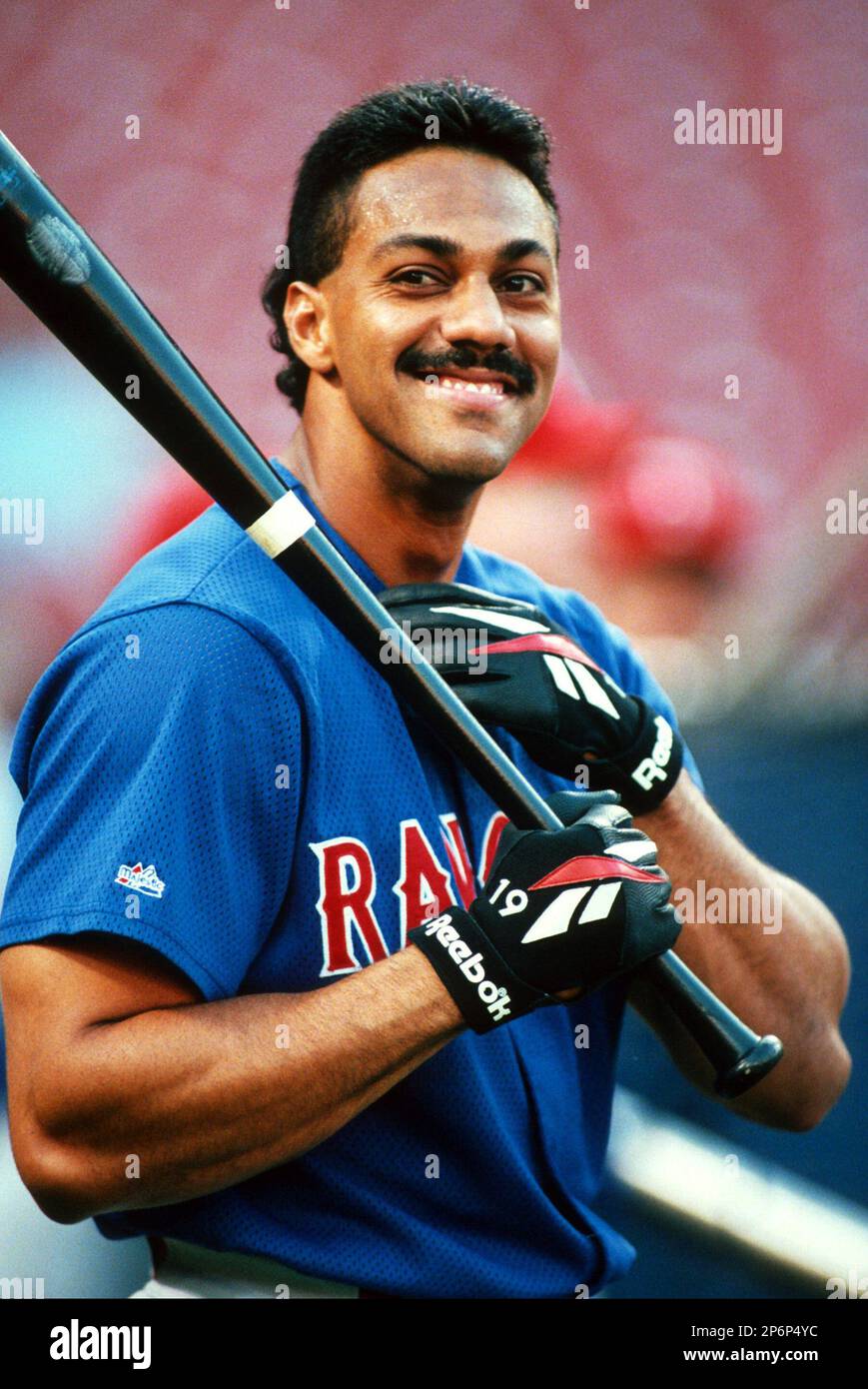 Juan Gonzalez of the Texas Rangers at Anaheim Stadium in Anaheim