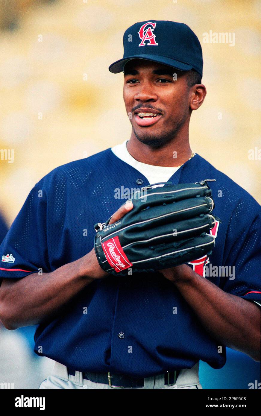 Garret Anderson of the Anaheim Angels during a game at Anaheim Stadium in  Anaheim, California during the 1997 season.(Larry Goren/Four Seam Images  via AP Images Stock Photo - Alamy