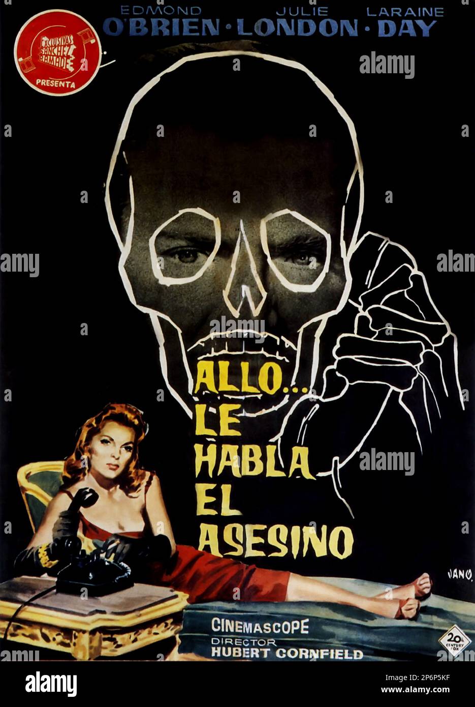 1960 : The FILM NOIR  movie  THE THIRD VOICE by Hubert Cornfield , with Edmond O'Brien , Julie LONDON and Laraine Day , from a novel by Charles Williams . Advertising poster from Spain  - FILM - CINEMA   - poster pubblicitario - poster - advertising - locandina   - DIVA - DIVINA - DIVINE - VAMP - FEMME FATAL -  ----  Archivio GBB Stock Photo