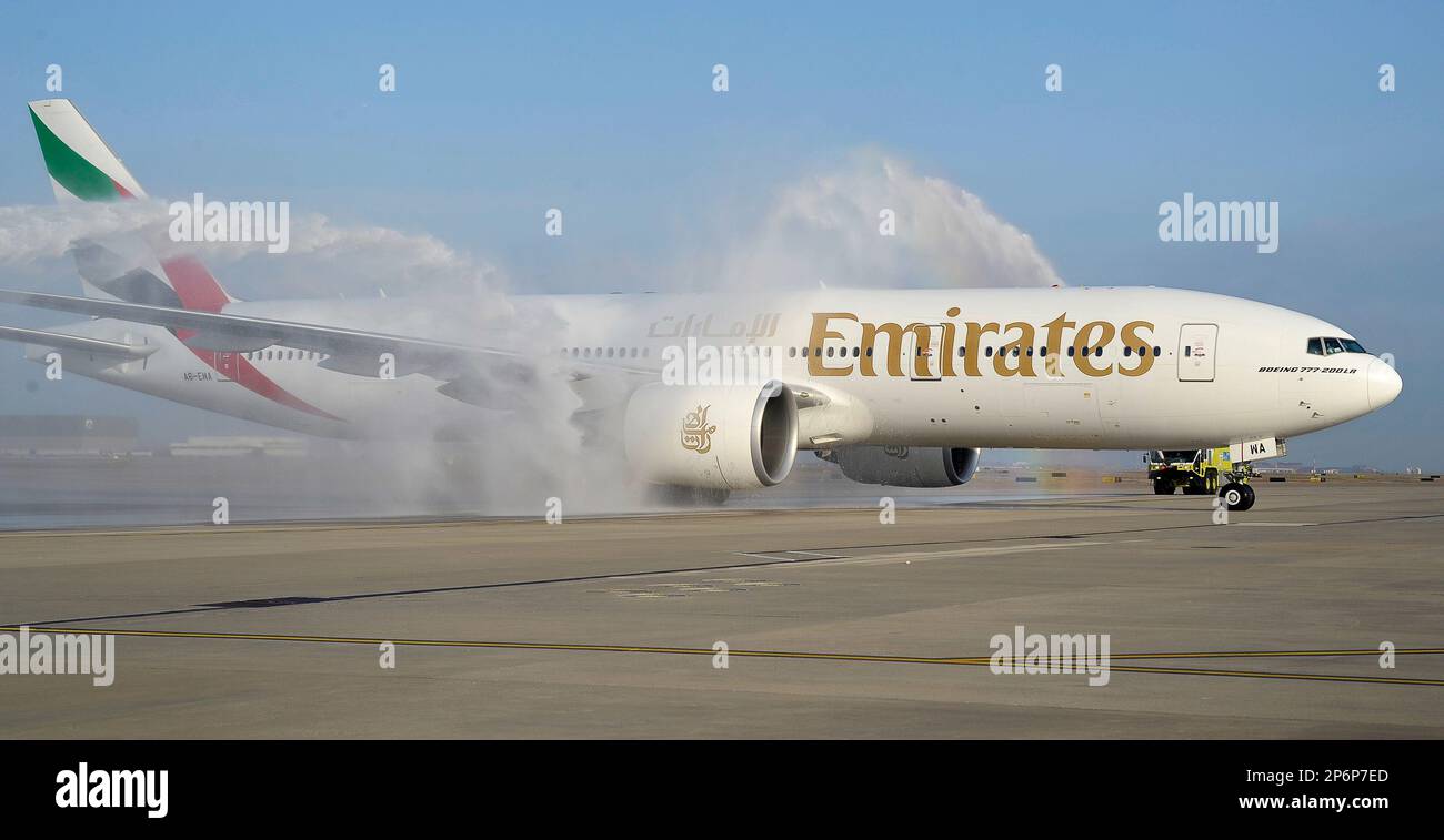 An Emirates first flight from Dubai International Airport arrives